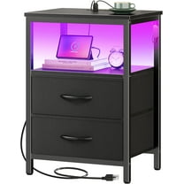 Nightstand with Charging Station and LED Light, Double Drawer Nightstand, Black