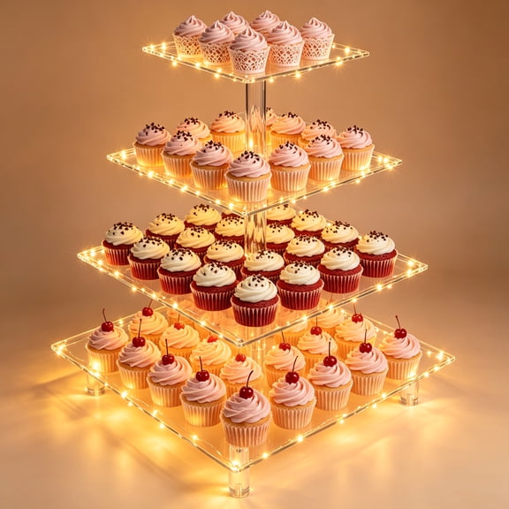 MOJINO Cupcake Stand for 50 Cupcakes, 4 Tier Acrylic Cupcake Tower with Yellow LED Lights, Clear Tiered Cupcake Holder Dessert Display Stand for Wedding, Birthday, Candy Bar, Parties