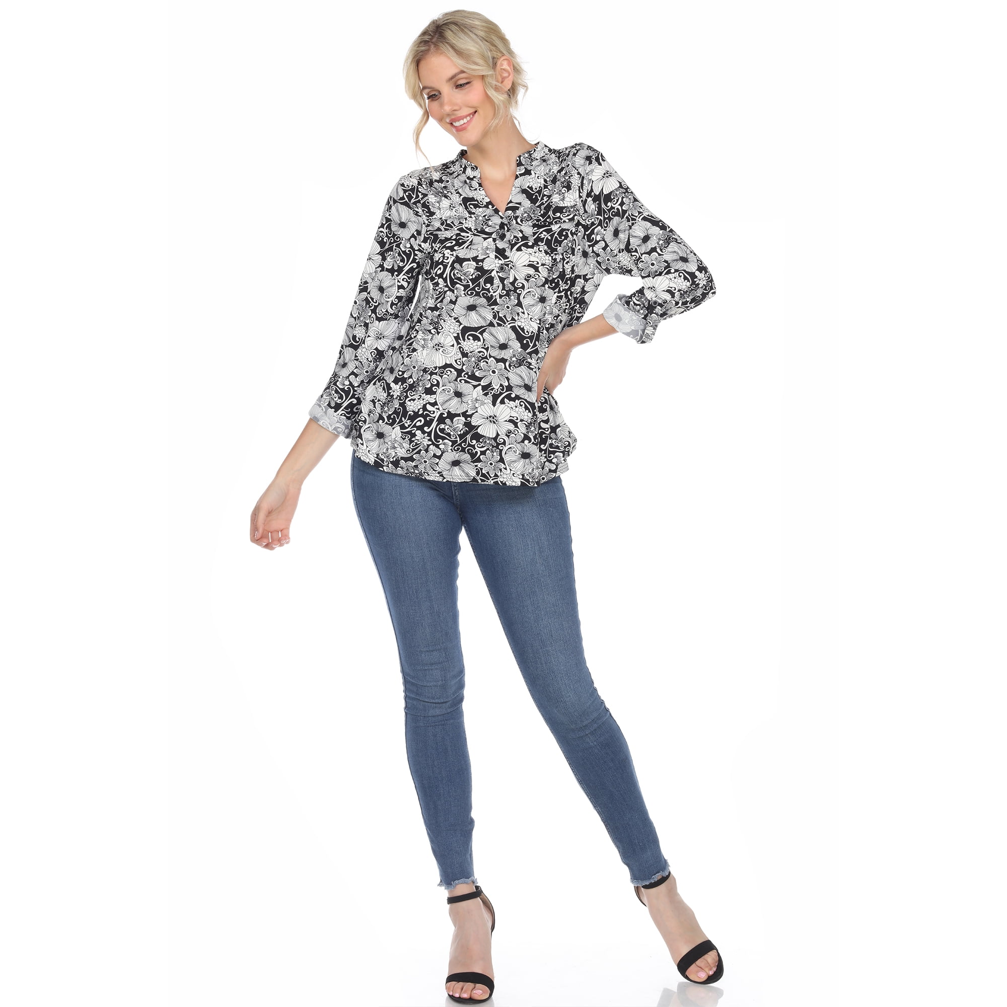 White Mark Women's Pleated 3/4 Sleeve Floral Print Blouse