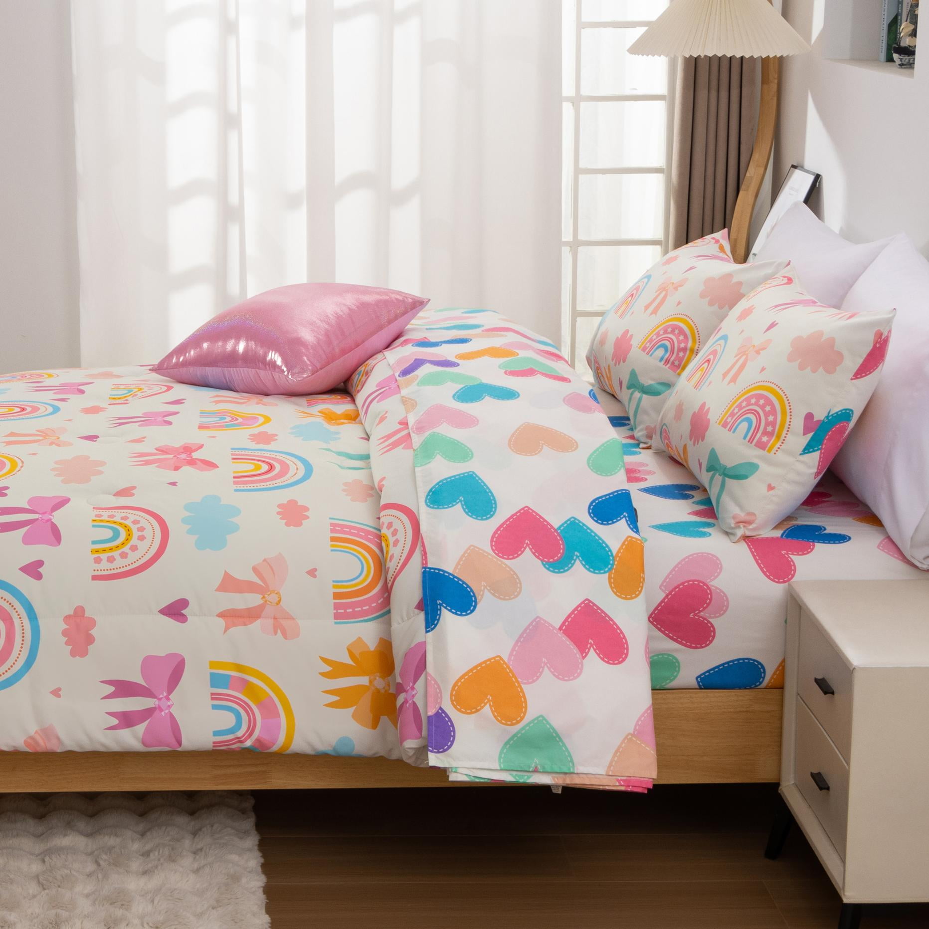 Btargot 6-piece Bows Rainbow Full Comforter Set for Girls Kids Cute Bowknot Bedding Set Bed-in-a-Bag
