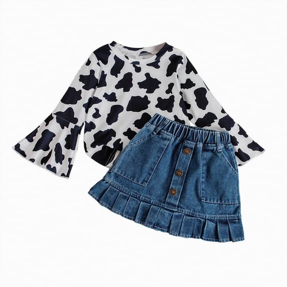 UAYOTSE Toddler Girl Western Denim Outfit Cow Print Flare Long Sleeve Shirt Top Kids Girls Jeans Skirt Set Clothes,Sizes 3-4 Years