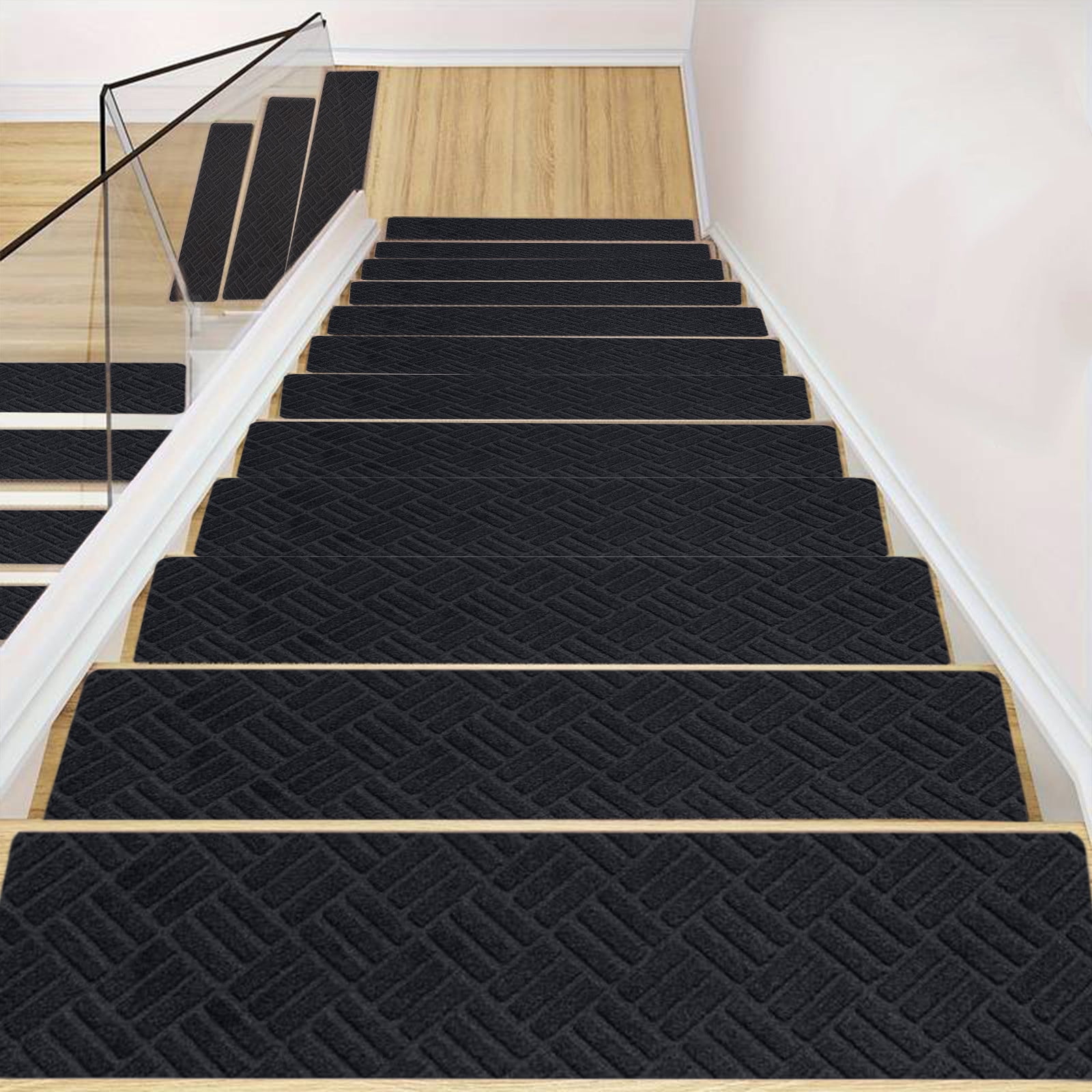 Meitianfacai 10PCS Non-Slip Stair Treads for Indoor Use, Large Size 21.6x7.4in Anti-Slip Carpet Mats with Reusable Adhesive, Safe for Kids, Elders & Pets, Easy to Clean(Black)