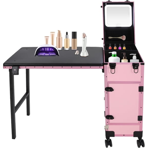 YIYIBYUS Portable Rolling Manicure Table for Nail Teach w/Mirror, Professional Makeup Storage Manicure Dressing Table with Wheels 3 Drawers, Cosmetology Travel Case Workstation Artist