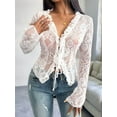 thumbnail image 3 of Women'S V Neck Lace Sheer Top Mesh See Through Shirts Open Front Tie Long Sleeve Blouses Y2k Going Out Tops White M, 3 of 8