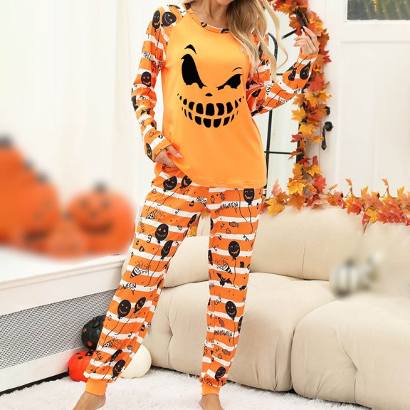 Halloween Pajamas Women Long Sleeve Crewneck Pants Autumn Winter Loose Casual Sleepwear Nightwear 2 Piece Set Orange L