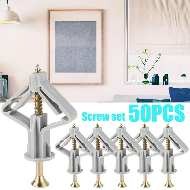 PENGXIANG 50 Pcs Fixations pour Plaque de Plâtre Kit d'Ancrage pour Mur Sec Anti-Rotative Tube d'Expansion Stable Ancrages Type Papillon avec Vis pour Planche de Plâtre Fibre Planche Creuse