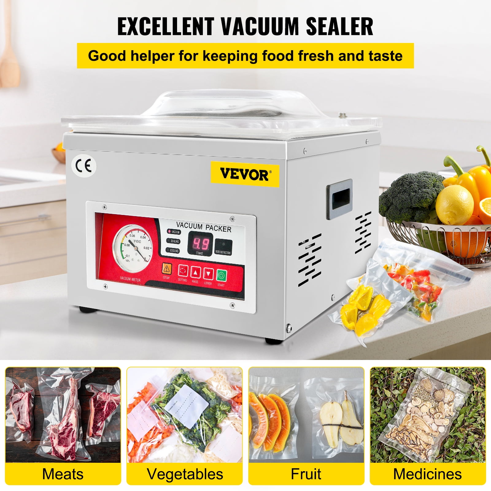 VEVOR Chamber Vacuum Sealer, DZ-260A 6.5 cbm/h Pump Rate, Excellent Sealing Effect with Automatic Control, Commercial Kitchen Foods Packaging Machine Used for Fresh Meats, Fruit Saver 110V