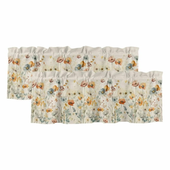 2 Pack Vintage Flowers Valance for Window Watercolor Floral Leaves Linen Kitchen Valance Rod Pocket Short Curtain Topper Decorative Window Treatment for Living Room Bedroom 54"x18"