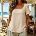 thumbnail image 4 of QUNYINEY T-Shirts for Women Short Sleeve Ruffle Summer Cotton Linen Tunic Tops Loose Fit Casual Square Neck Solid Pullover Shirts, 4 of 7
