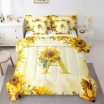 jejeloiu Letter A Monogrammed Twin Bedding Sets 7-Piece,Rustic Flower Print Bedding Comforter Set,Retro Yellow Sunflower Sheet Sets For Child,Microfiber Room Decorative Reversible