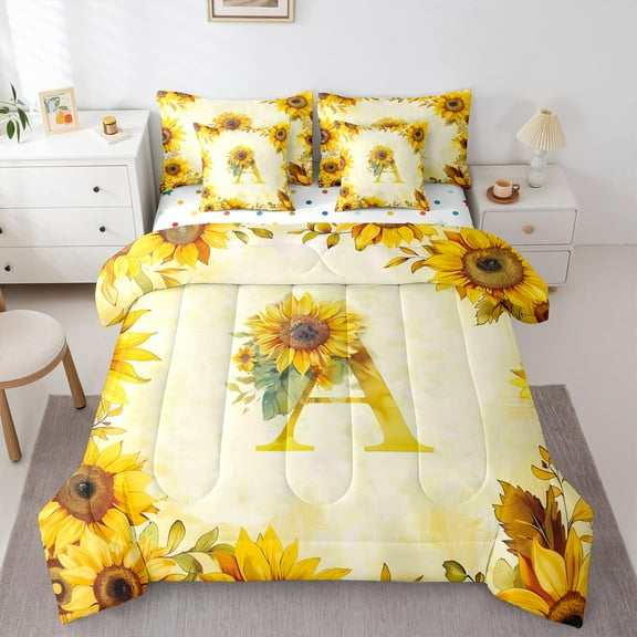 jejeloiu Letter A Monogrammed Twin Bedding Sets 7-Piece,Rustic Flower Print Bedding Comforter Set,Retro Yellow Sunflower Sheet Sets For Child,Microfiber Room Decorative Reversible