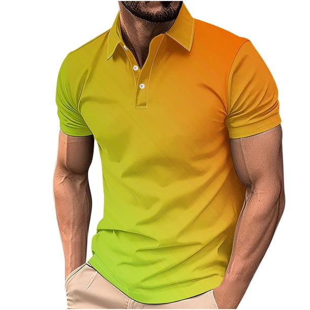 Camisa Casual de Impresión de Gradiente de los Hombres, Top de Solapa de Manga Corta en Tela de Malla Ligera para el Aire Libre Y el Ocio, Blusa de Suéter Elegante