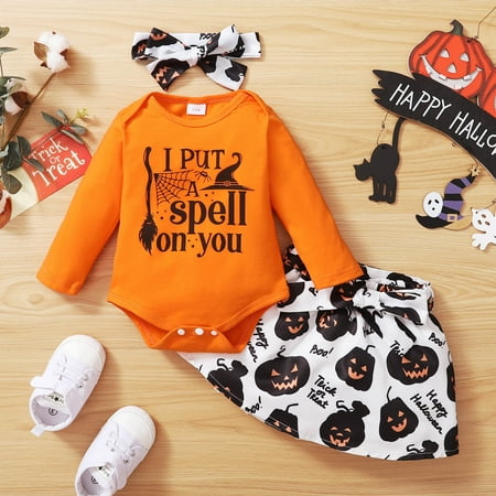 

Yiwula Halloween Infant Girls Halloween Long Sleeve Letter Prints Romper Bodysuits Pumpkin Skirt Headbands Newborn Outfits