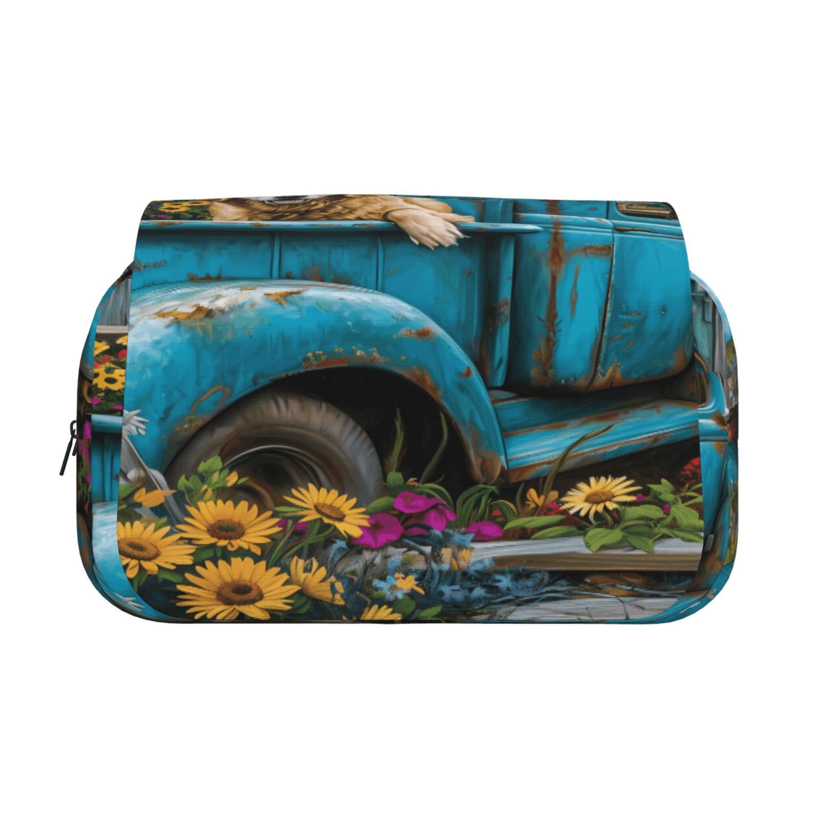 Rateoe Vintage Pickup Sunflower Dog Pattern Double Clamshell Pen Case, Storage Organizer with Two Zipper Compartments– Holds Up to 50 Pencils & Pens