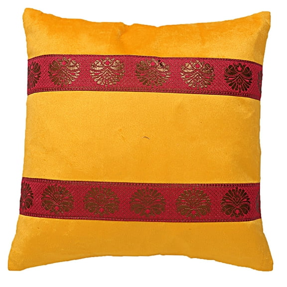 Stylo Culture Indian Decorative Throw Pillow Cover Jacquard 16x16 Brocade Yellow Zippered 40 x 40 cm Bedroom Satin Velvet Floral Square Cushion Cover | 1 Pc