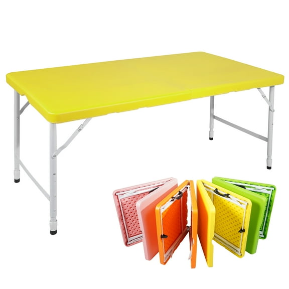 HooKung 4 FT Folding Table with Carry Handle, Portable Fold-in-Half Plastic Table, Rectangle Foldable Table for Indoor/Outdoor Yellow