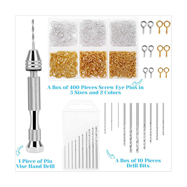 Resin Tools Kit with 2Pcs Pin Vise Hand Drill 20Pcs Drill Bits and 800Pcs Screw Eye Pins for DIY Keychain Pendant Making