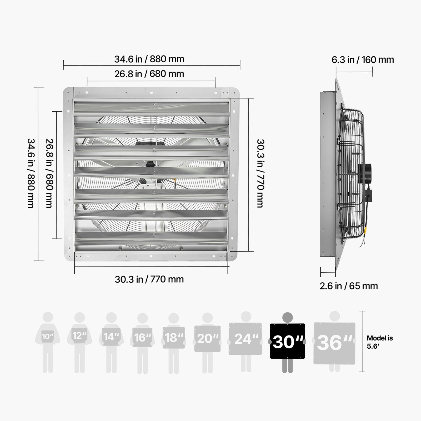 VEVOR 30 inch Shutter Exhaust Fan, Wall Mounted Attic Vent Fan with 6900 CFM Airflow, AC Motor, Heavy-duty Steel Construction, Low Noise for Shed, Garage, Greenhouse Ventilation Cooling, Silver