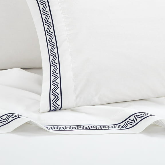4 Piece Orden Organic Cotton Sheet Set Solid White With Dual Stripe Embroidery