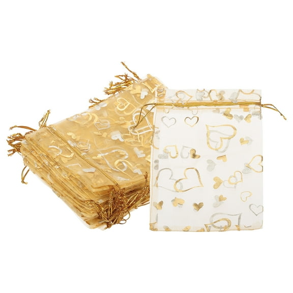 100 Pcs 5x7 Inch Heart Printed Organza Bags, Gold Sheer Bags for Christmas Jewelry Party Wedding Favor Gift