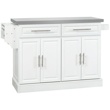 Rolling Kitchen Island With Storage, Portable Kitchen Cart With Stainless Steel Top, 2 Drawers, Spice, Knife And Towel Rack And Cabinets, White