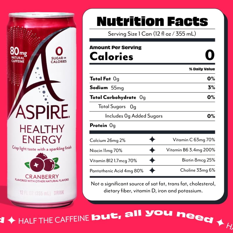 ASPIRE® Cranberry Energy, Healthy Energy Drink 80mg Natural Caffeine, Zero Sugar No Carbs Keto Friendly, 12 Pack Green Tea Sugar Free Drink Low Caffeine Zero Calorie