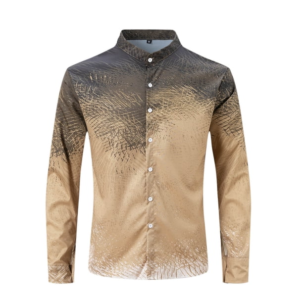 Blusa y camisa de manga larga con cuello alto para hombre, blusa de poliéster con estampado de botones y degradado, a la moda, para hombre