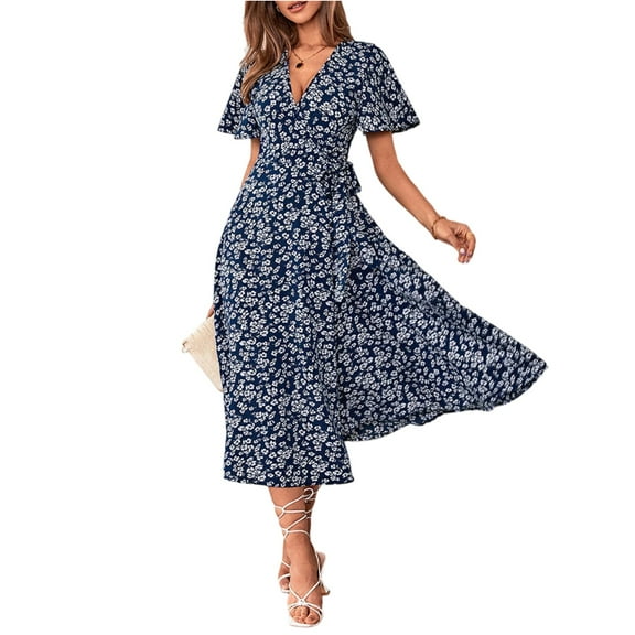 WULMLEO Women's 2025 Fashion V Neck Midi Dress with Pockets Maternity Clothes Nursing Dresses Blue XL