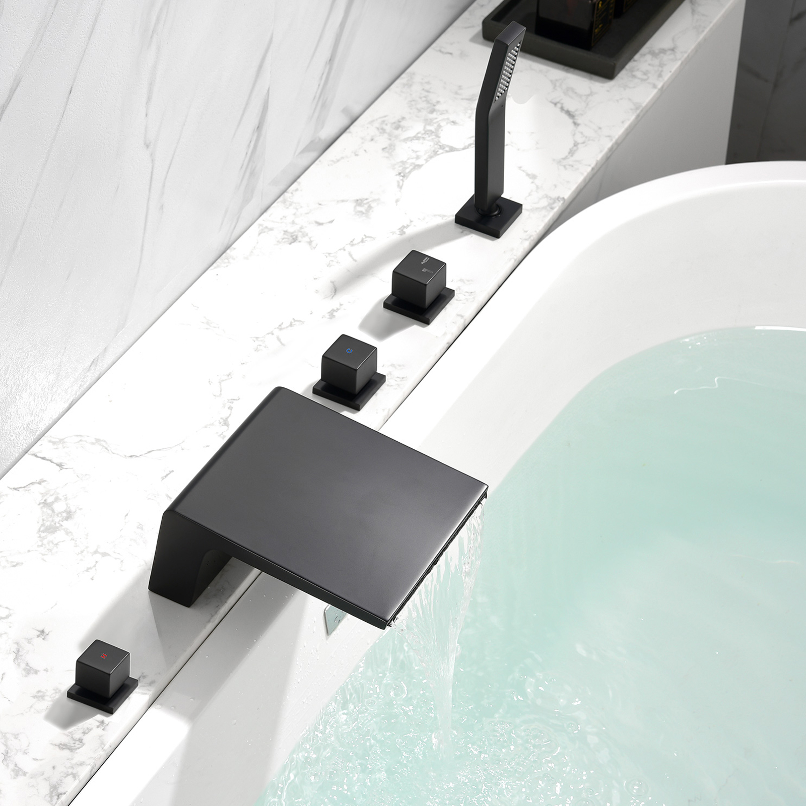 Cobbe 5-Hole Mount Bathroom Bathtub Fauce with 2 Switches, 1 Diverter Knob, 7.09-Inch Wide Tub Spout and Hand Shower Matte Black
