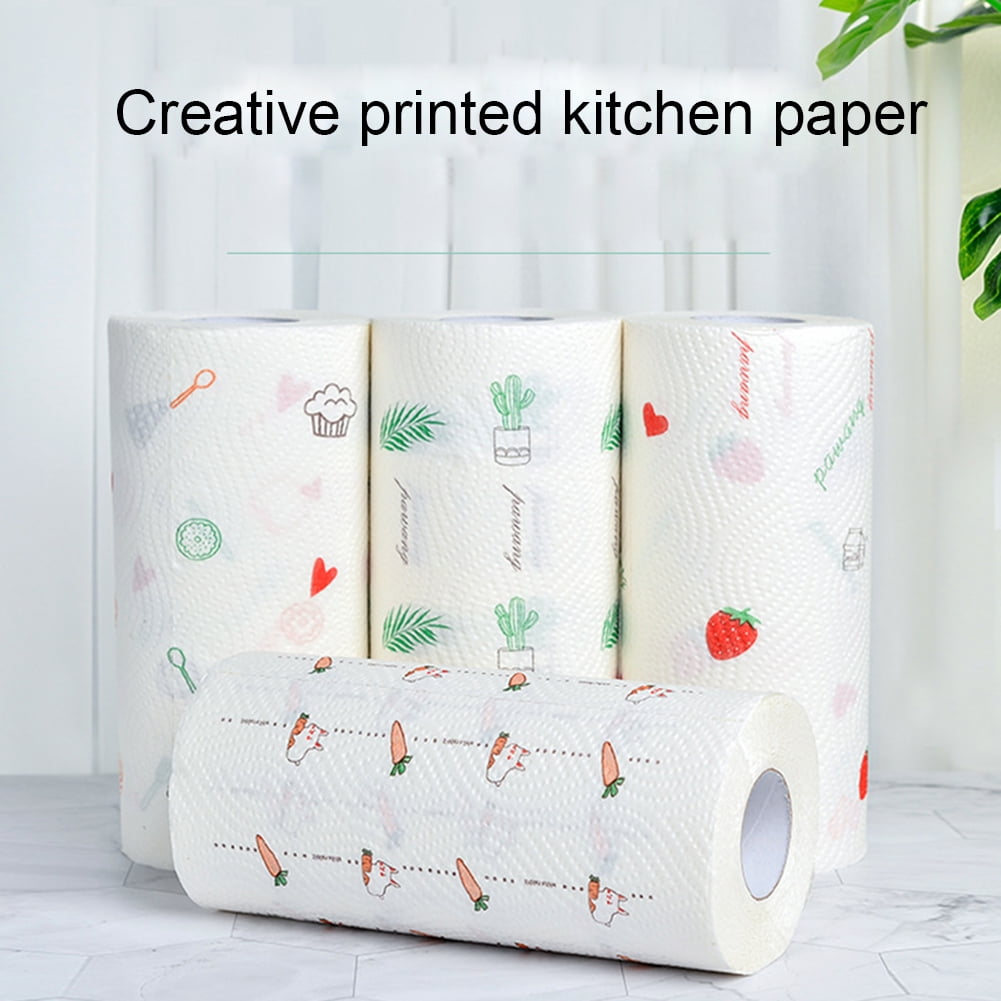 60pcs/Roll Cartoon Print Disposable Cleaning Cloth Kitchen Paper Dishcloth Cleaning Towel High Water Absorbency Wiping Scouring Pad