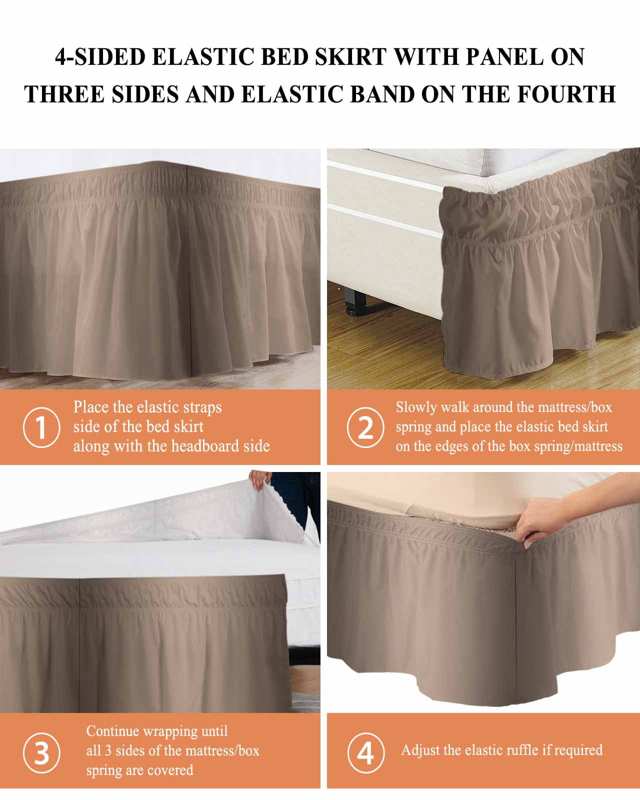 Dark Brown Bed Skirt Queen Size 16" Drop Ombre Solid Color Gradient Modern Art Ruffled Wrap Around Bed Skirts Adjustable Elastic Bedskirt Dust Ruffle for Queen Size Bed