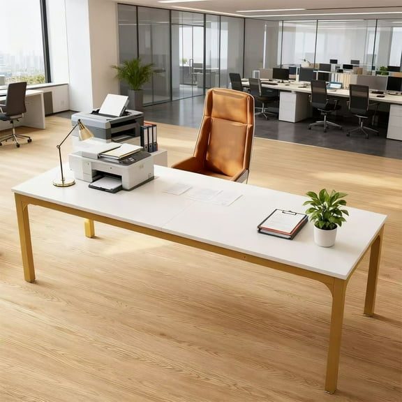 78.7-Inch Ultra Long 2 Person Desk, White Gold Gaming Computer Writing Table For Home Office, Sturdy Engineered Wood & Metal Double Workstation