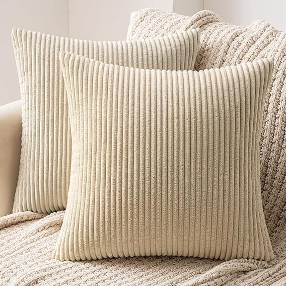 Eryueer Striped Corduroy Fabric Square Throw Pillow Case,Solid Cushion Cover for Sofa Chair Couch/Bedroom Decorative Pillowcases 20x20 Inch 2 Pieces,Light beige