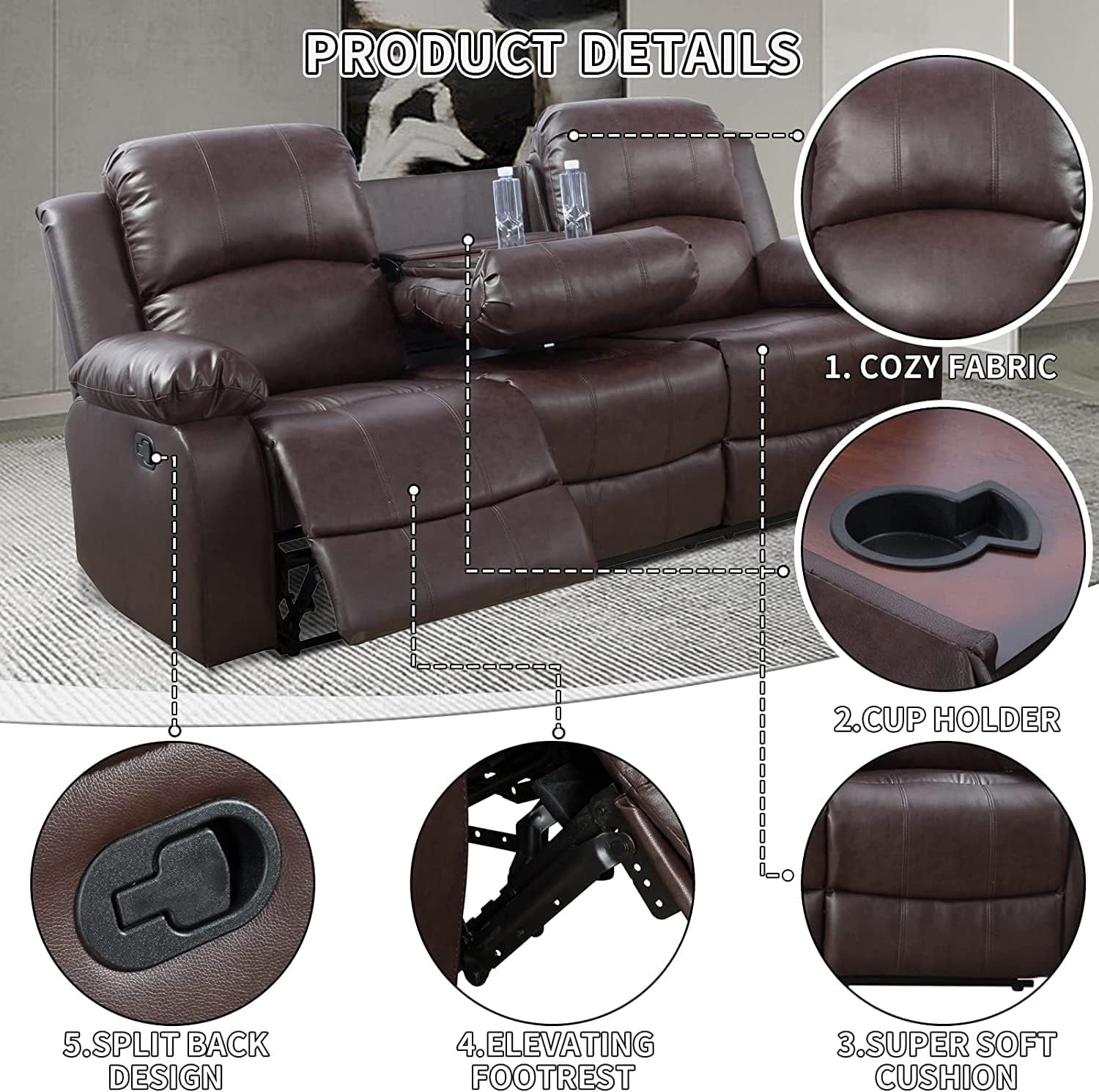3 Piece Manual Recliner Sofa Couch, Home Theater Seating with Cup Holders, Living Room Furniture Sofa Set for Home Office