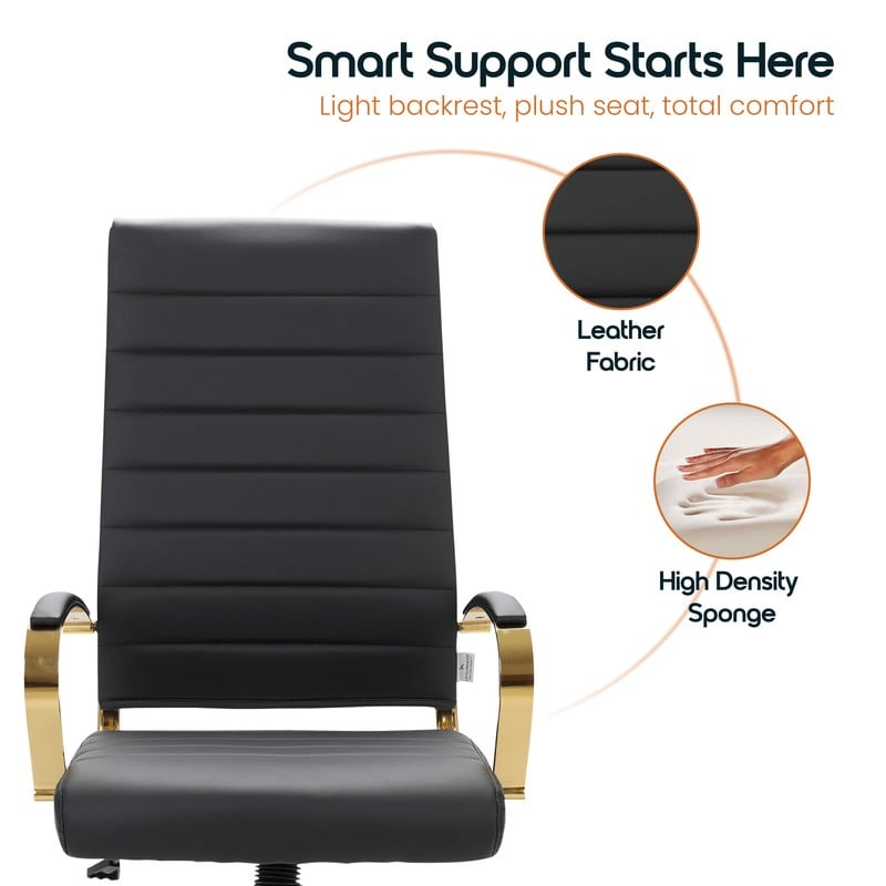Benmar High-Back Black Leather Office Desk Chair Ergonomic Executive Chair with Adjustable Swivel, Gold Frame with Cushion Support & Silent Wheels for Home Office Workstations