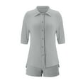 thumbnail image 4 of Fmbrln Womens Summer 2 Piece Sets Casual Turndown Collar Button Short Sleeve Shirts and Drawstring Elastic High Waist Shorts Sets Lounge Outfits Gray 2XL, 4 of 5