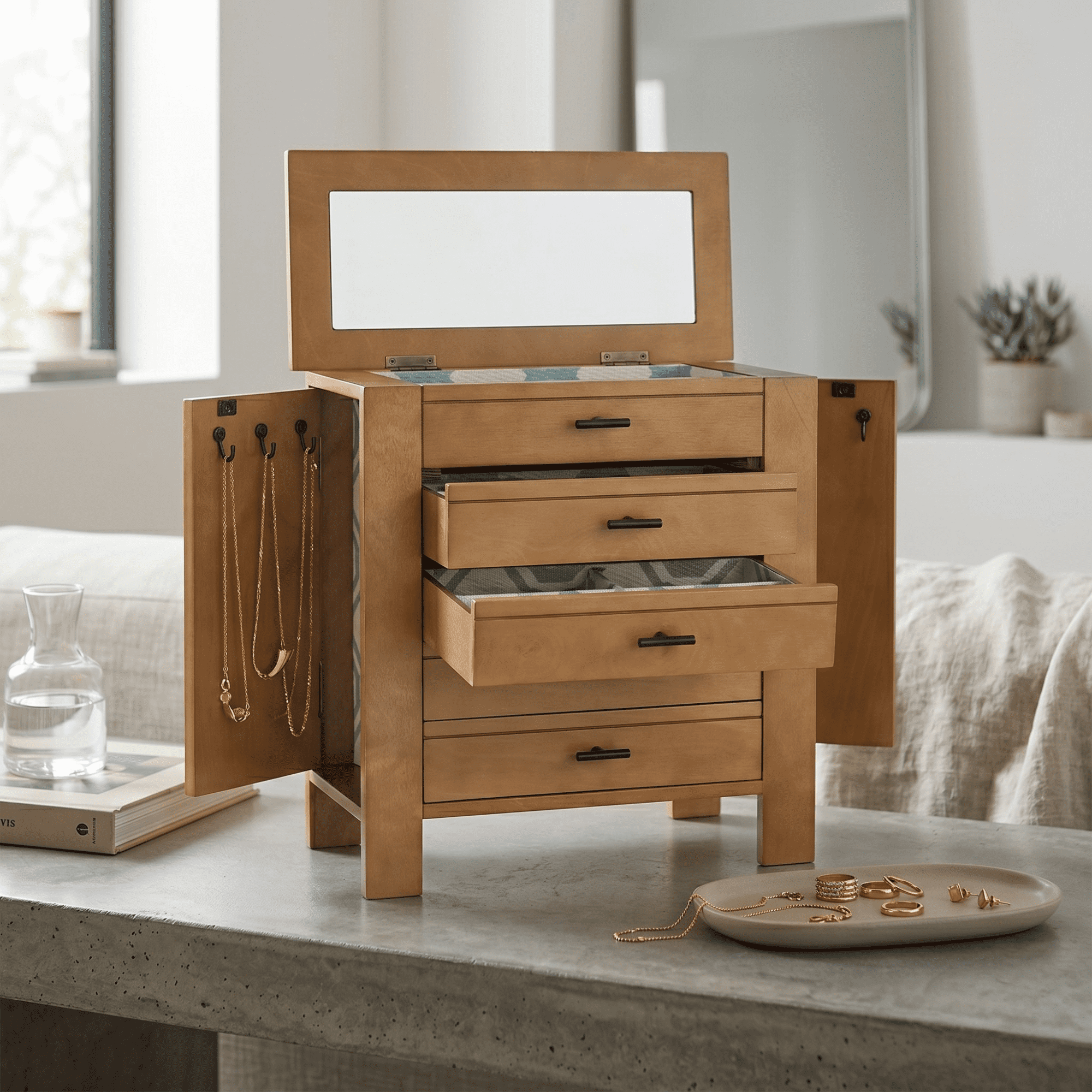 Hives and Honey Emma Wood Jewelry Chest: Modern Pine Tabletop Storage with 4 Drawers for Women