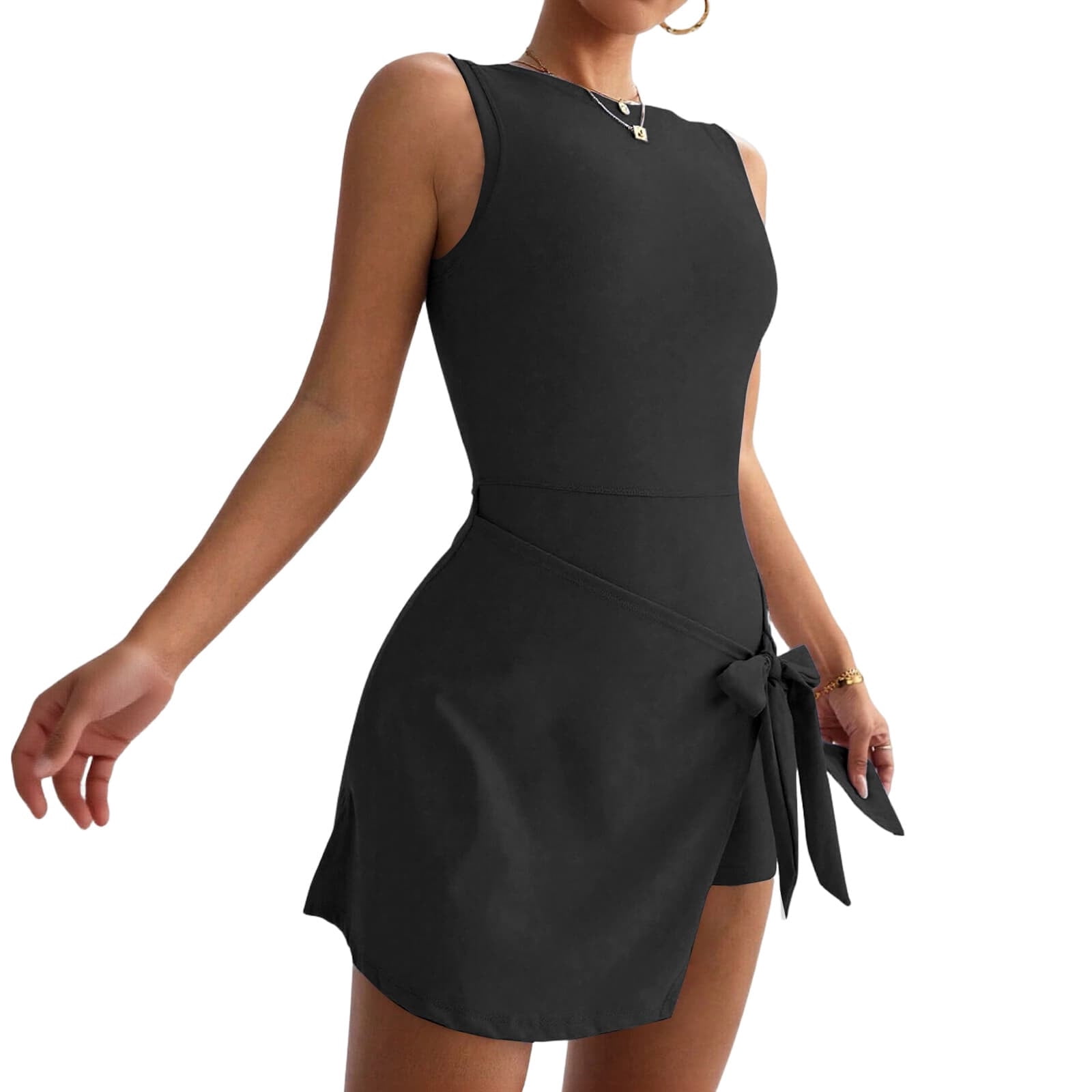 Miluxas Womens High Neck Tennis Dress Sleeveless Wrap Skirt Built in Shorts Golf Athletic Dress Workout Rompers Black