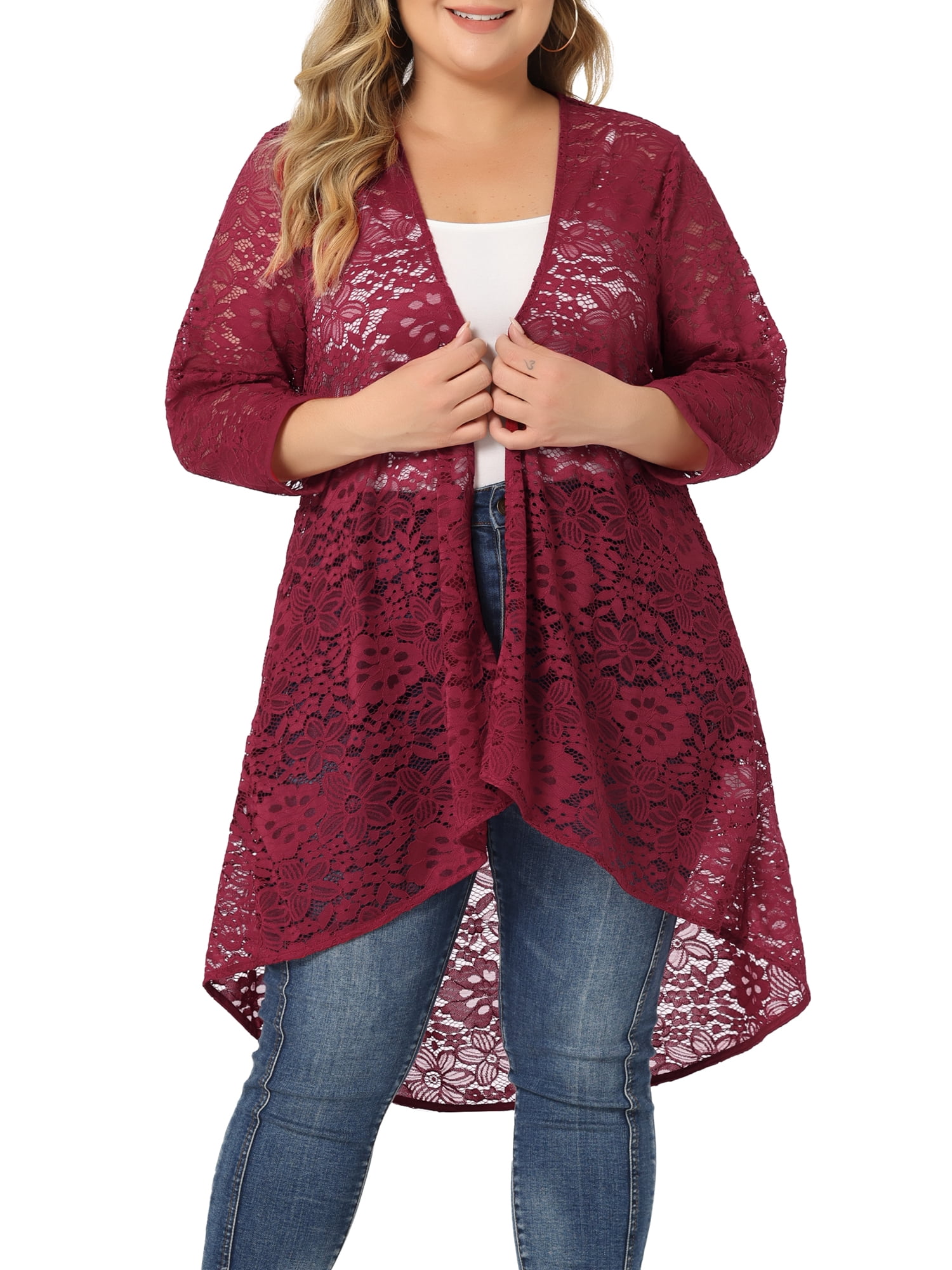 DARING DIVA Plus Size Lace Crochet Sheer Kimono Cover Up Cardigan 2X Burgundy