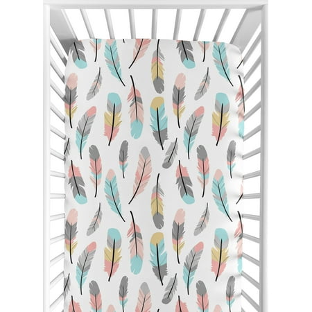 UPC: 0846480049845 | Feather Turquoise and Coral Collection Crib Sheet – Multicolored Feather Print