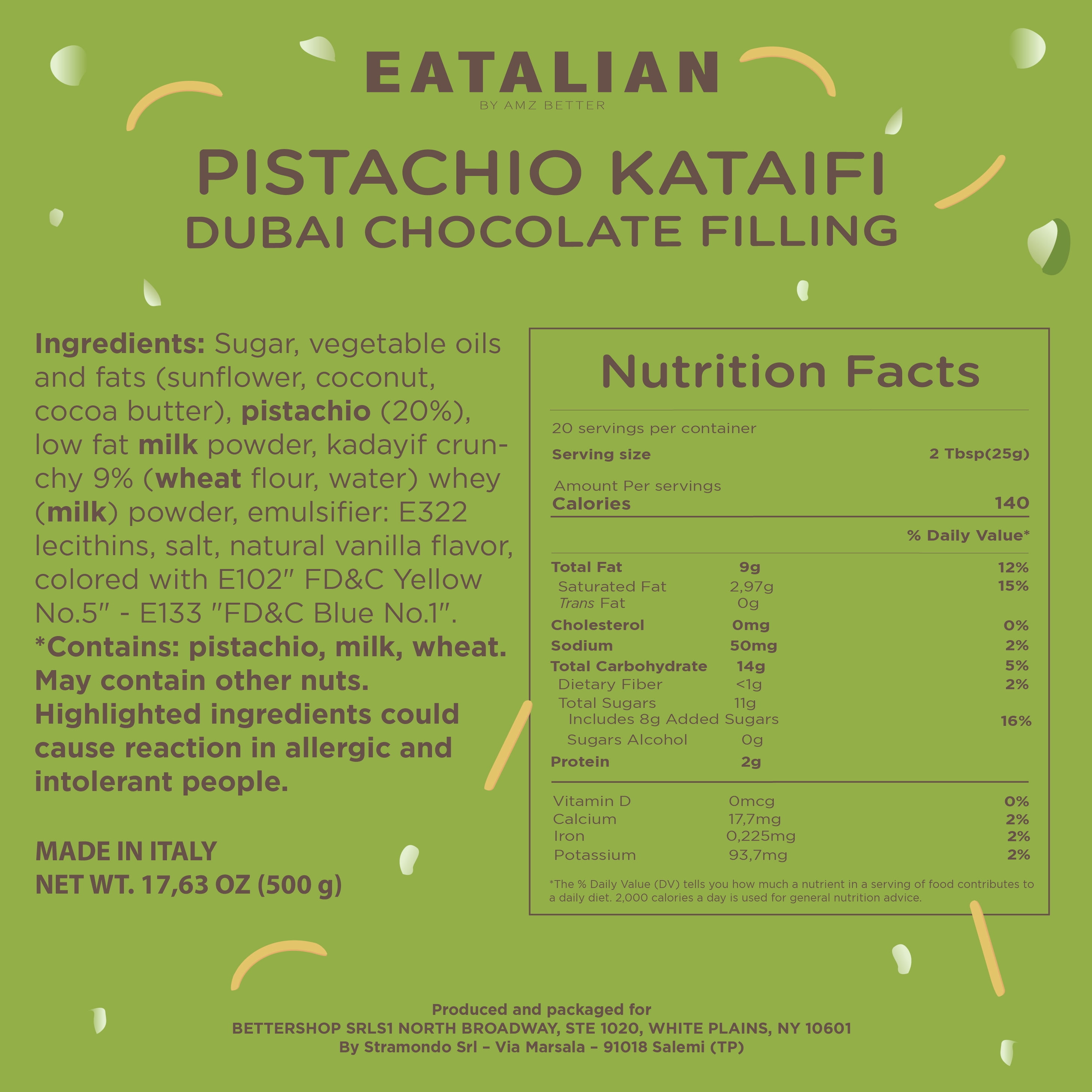 EATALIAN by AMZ BETTER Pistachio Cream with Kataifi, 17.63 oz/500 gr, Spreadable Paste, Sweet and Unique Taste, Ideal on Bread, for Cakes, Dessert, Excellent for Dubai Chocolate, Made in Italy