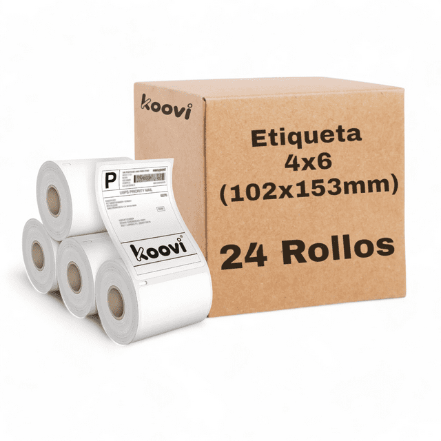 24 Rollos de Etiquetas Térmicas Blancas Koovi 4x6 Pulgadas (102x153 mm) - 300 Etiquetas por Rollo, Alta Definición y Adhesión