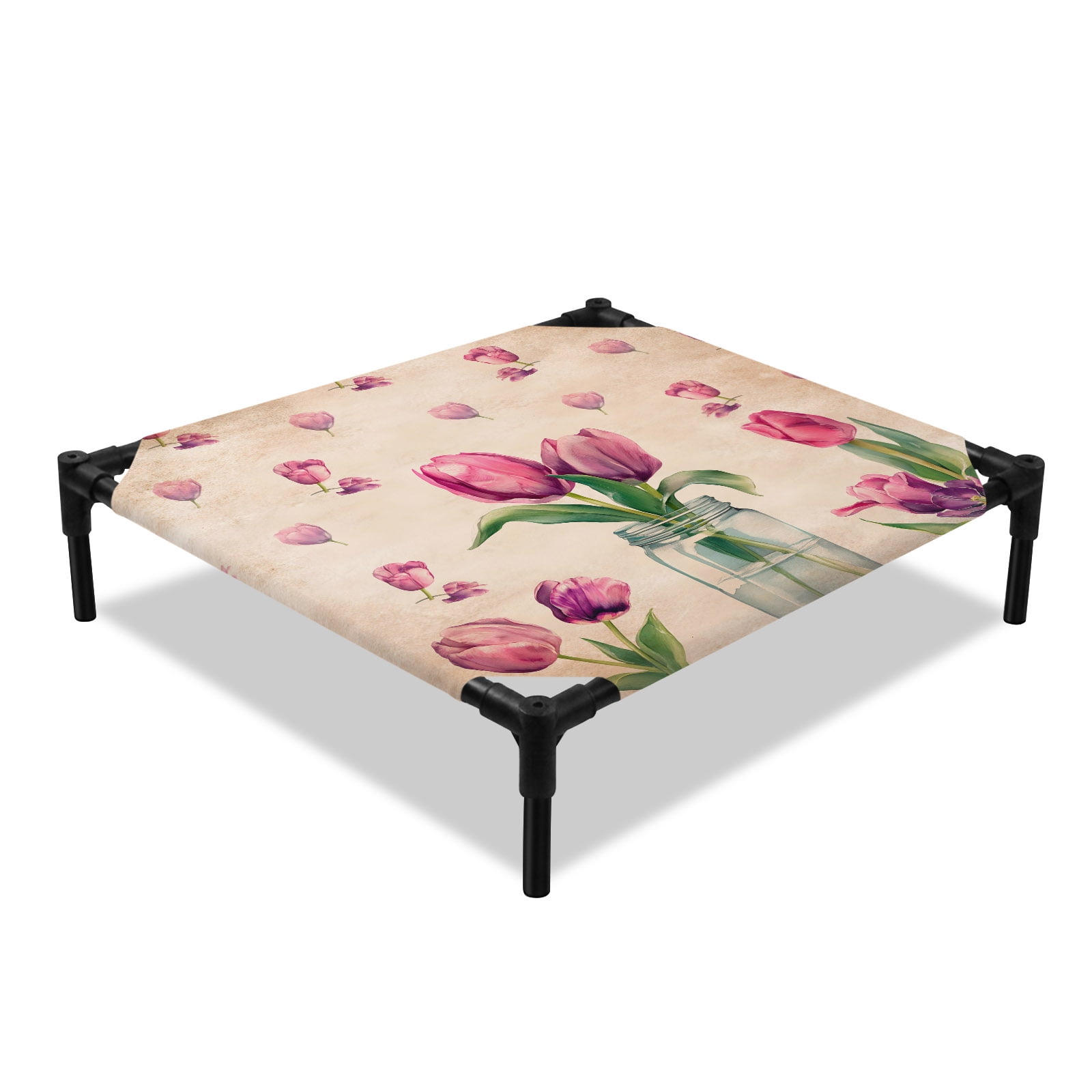 Pink Tulips Elevated Dog Bed Country Vintage Watercolor Flower Green Leaf Glass Vase Cooling Breathable Outdoor Raised Dog Cot Bed with Metal Frame Non-Slip Feet for Small Dog 20x20in