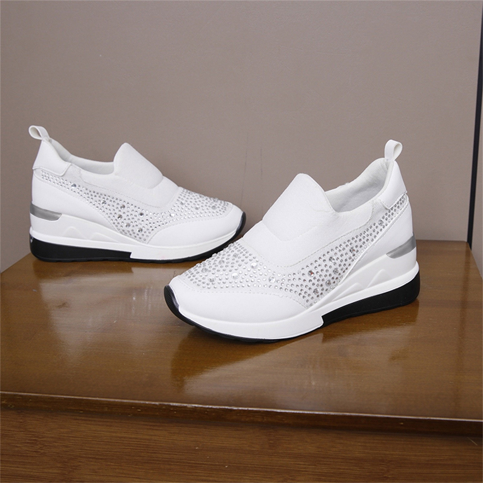 XIAQUJ Ladies Fashion Rhinestone Leather Cloth Patched Thick Sole