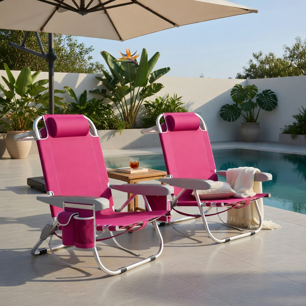 Hommoo Foldable Beach Chair with Cup Holder & Storage Pockets, Lightweight Aluminum Outdoor Chair for Beach, Pool & Lawn, Pink