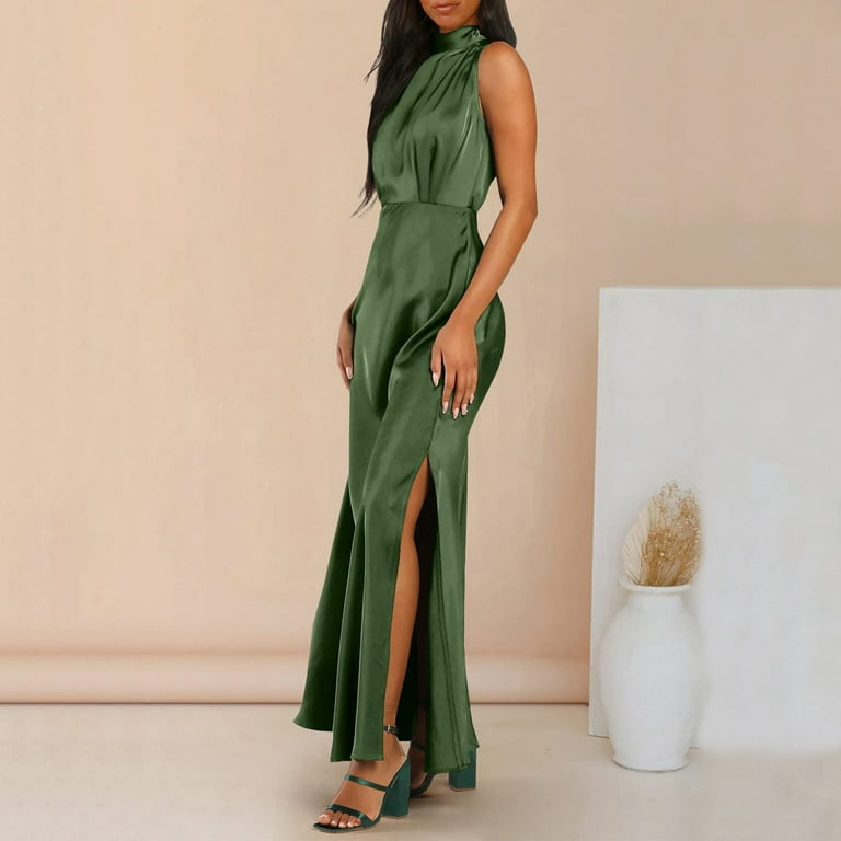 Dpytoraw Women Summer Long Formal Satin Dress Mock Neck Sleeveless Side  Slit Flowy Maxi Tank Dresses - Walmart.com