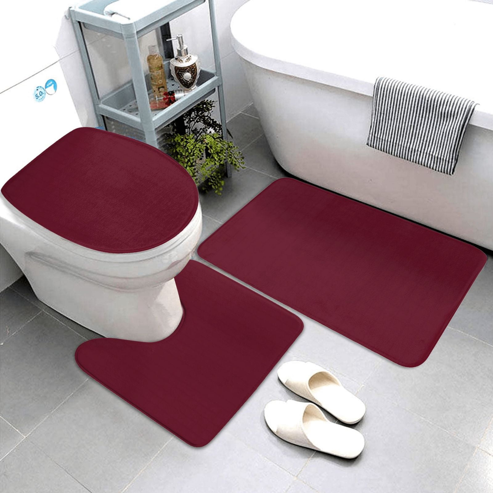 Bathroom Rugs Sets 3 Piece - Maroon Absorbent Non Slip Bath Mats, U-Shape Toilet Lid Cover, Contour Mat, Soft Washable Shower Mats Bath Rug Mat for Bathroom Tub Toilet