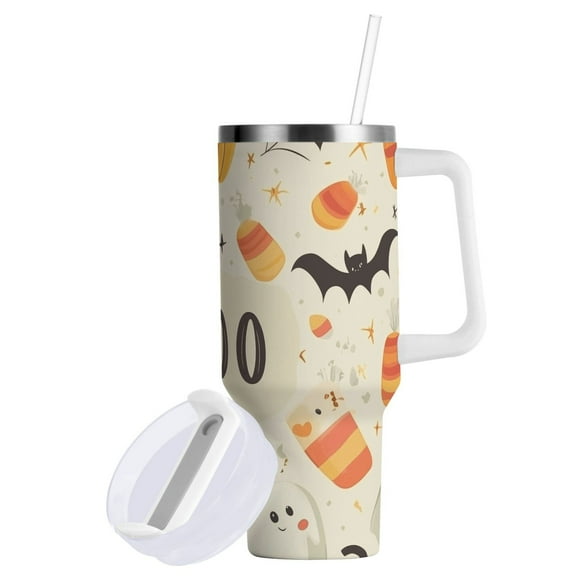Yayeee 40oz Double-Wall Insulated Stainless Steel Tumbler with Handle Bottle, Halloween Cute Pumpkins