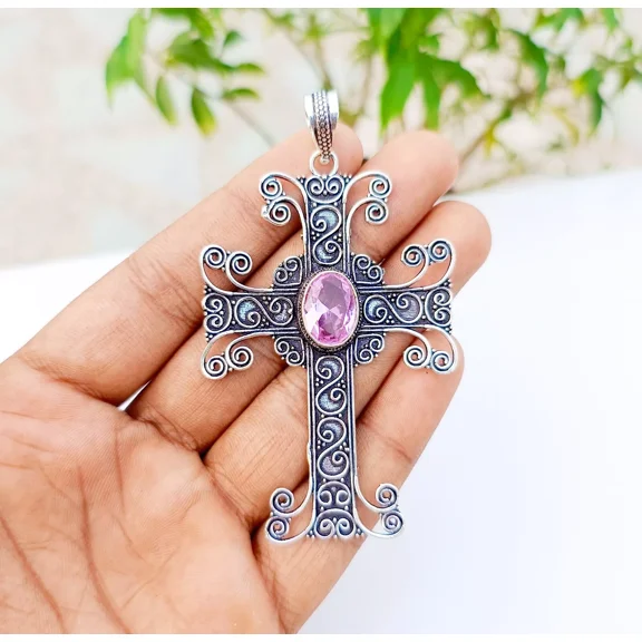 Pink Topaz Cross Pendant 925 Sterling Silver Handmade Gemstone Jewelry 3.18"