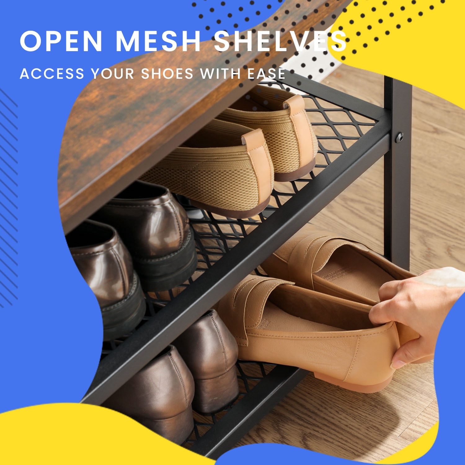 LEDREM 3-Tier Shoe Rack Bench, Free Standing Shoe Organizer with Metal Mesh Shelves & Seat, 39.4 Inch, Rustic Brown & Black